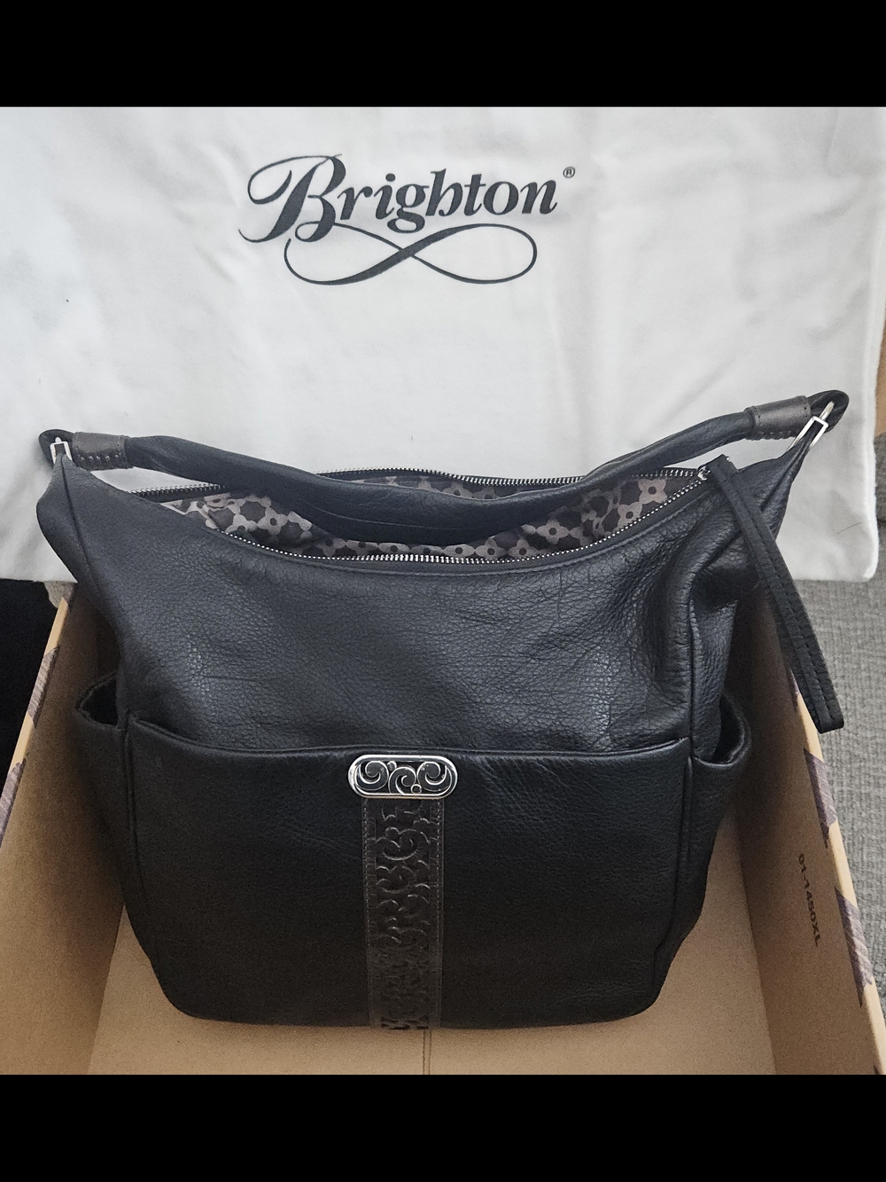 Brighton Black Leather Hobo with Decorative Silver Hardware